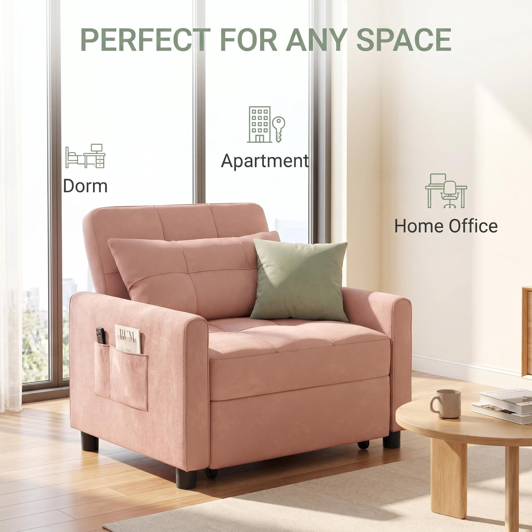 Sleeper Sofa, Lofka 3 in 1 Convertible Single Sofa Bed with Pull Out Couch for Living Room, Apartment,Pink