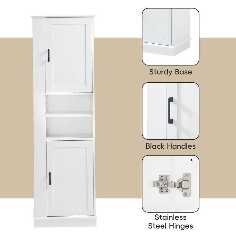 Freestanding Modern 2-Door Bathroom Storage Cabinet, Versatile Sideboard Pantry Cabinet with Hooks and Adjustable Shelves