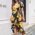 thumbnail image 2 of Vestido cruzado con cuello en V y manga corta con estampado floral, vestido elegante con cinturón y dobladillo con volantes para fiesta en la playa, girasol en negro M, 2 of 5