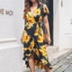thumbnail image 2 of Vestido cruzado con cuello en V y manga corta con estampado floral, vestido elegante con cinturón y dobladillo con volantes para fiesta en la playa, girasol en negro S, 2 of 5