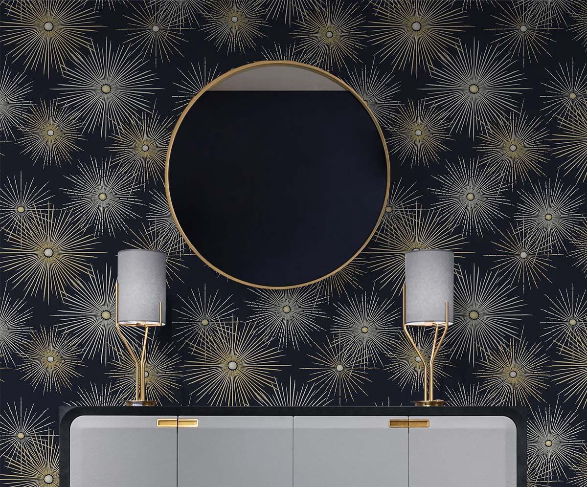 NextWall Midnight & Gold Starburst Geo Peel and Stick Wallpaper