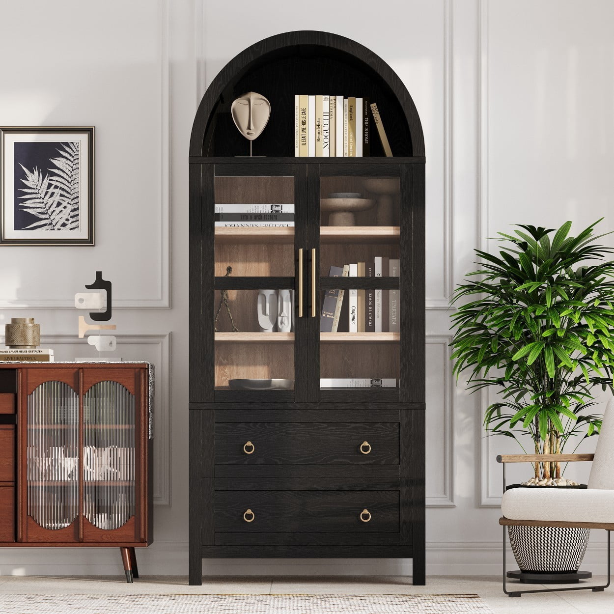 71" Tall Arched Kitchen Pantry Cabinet, Farmhouse Storage Cabinet with 2 Glass Doors, 2 Large Drawers, Adjustable Shelves, Freestanding Cupboard for Kitchen Dining Room, Black