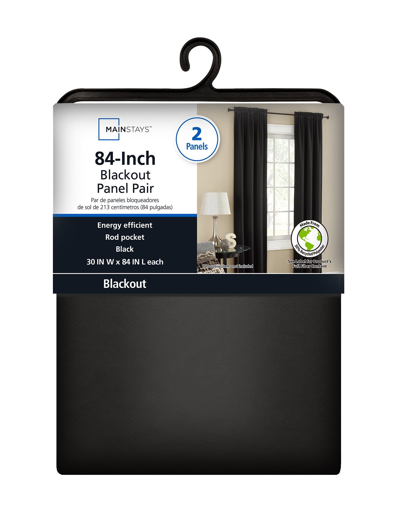 (2 pack) Mainstays Blackout Curtain Panel Pair, Set of 2, Black, 30"W x 84"L