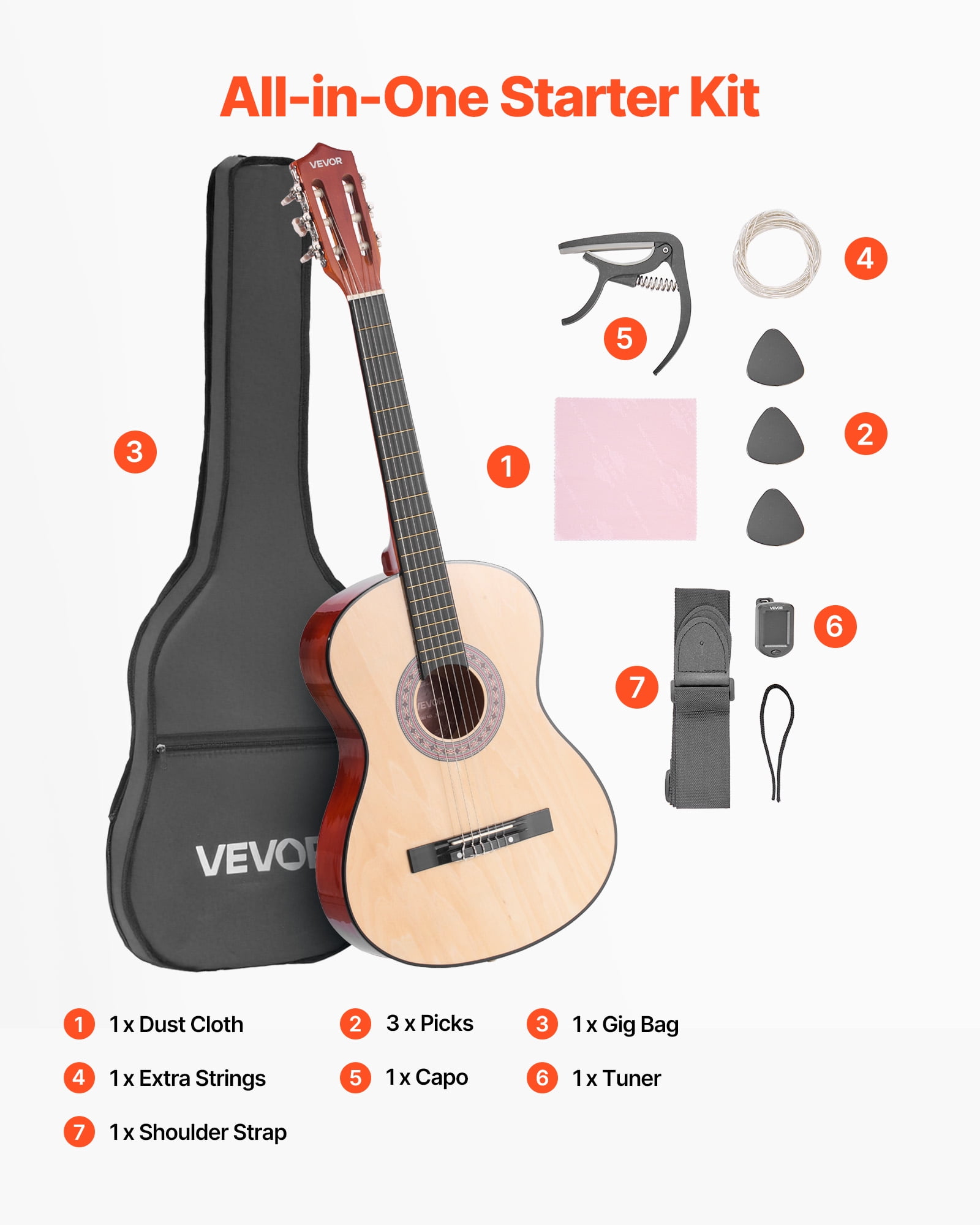 VEVOR 38in Classical Guitar,Wood Guitar Starter Kit for Beginners, with Nylon Strings, Gig Bag, Strap, Tuner, Extra Strings, Pick, Capo, Basswood,for Teenagers Adults Students, Natural
