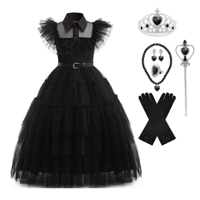 Wednesday Addams Robe pour Filles Wednesday Costumes Halloween Cosplay Costume Tenue de Fête avec Ceinture