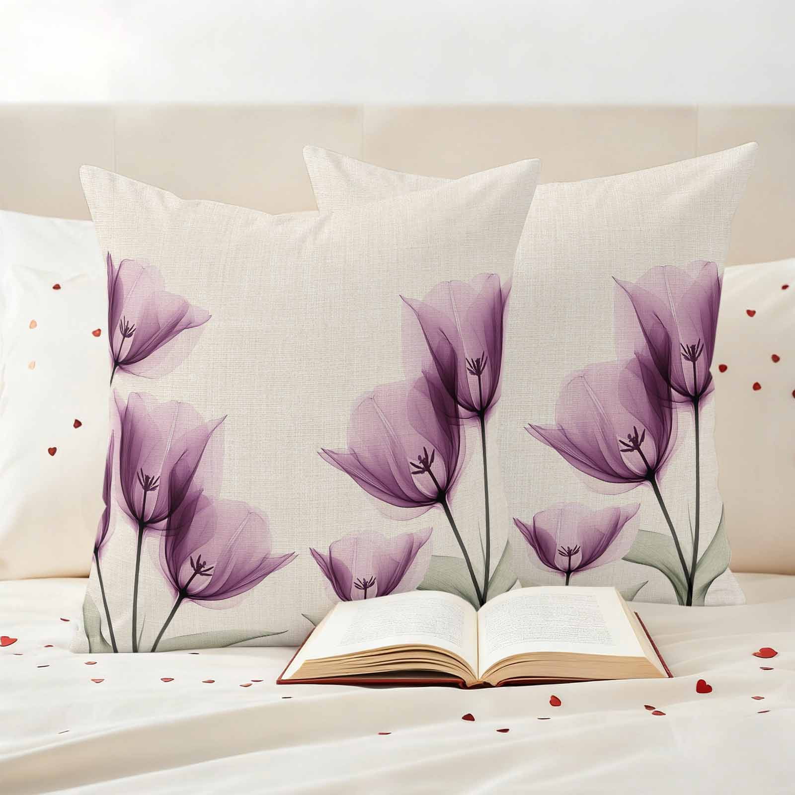 Spring Floral Pillow Covers 2 Pack Watercolor Flowers Purple Tulip Linen Texture Pillowcase Waterproof Outdoor Throw Pillow Cover for Patio Garden Square Cushion 24”x24”