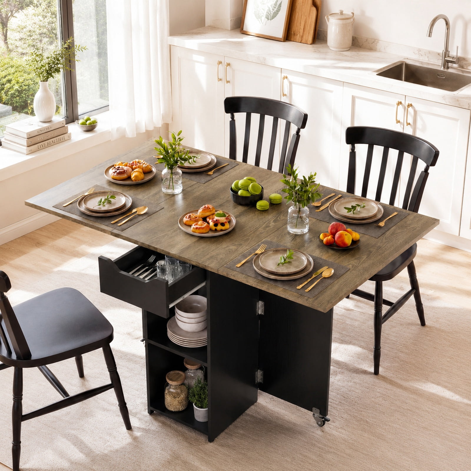 Furnibear 47.5 Inch Farmhouse Extendable Drop Leaf Dining Table with Storage Drawer Shelves and Lockable Wheels for Small Spaces, Rustic Brown