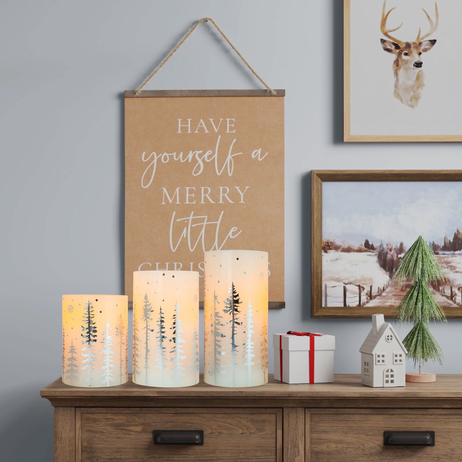 Meltone Christmas Flameless Pillar Candles, Holiday Led Candles with Timer Remote, Silver Battery Operated Flickering Candles for Christmas Home Decorations, Centerpiece.