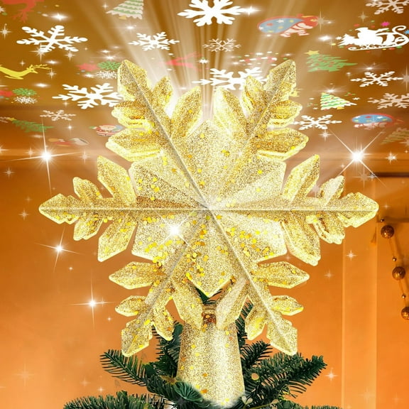 Lighted Rotating Snowflake Christmas Tree Topper with 6 Projected Patterns, 3D Hollow Glitter, Gold (Xmas Decor)