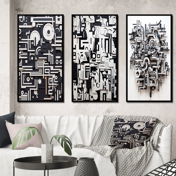 Designart "Abstract Urban Vision Black and White II" Modern Geometric Framed Wall Art Set Of 3 - Black Abstract Frame Gallery Wall Set For Home Decor