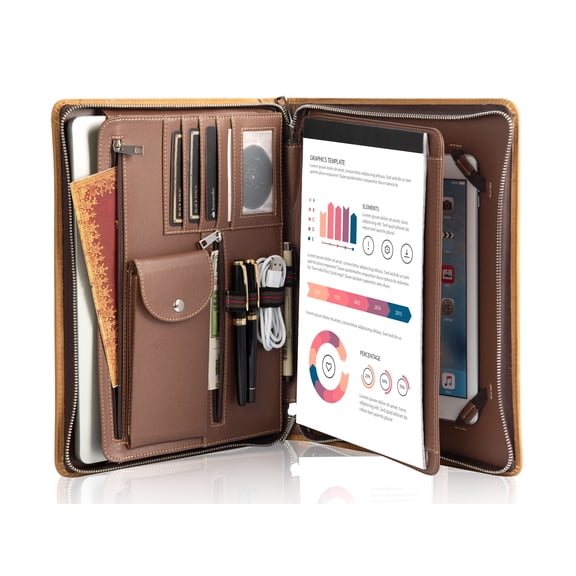 LeatherBelief Genuine Leather Portfolio Folder, iPad Portfolio Case for iPad Pro 12.9 (2018&2020&2021), Business Portfolio Notebook for Women, Padfolio Zipper for Men, Business Folders