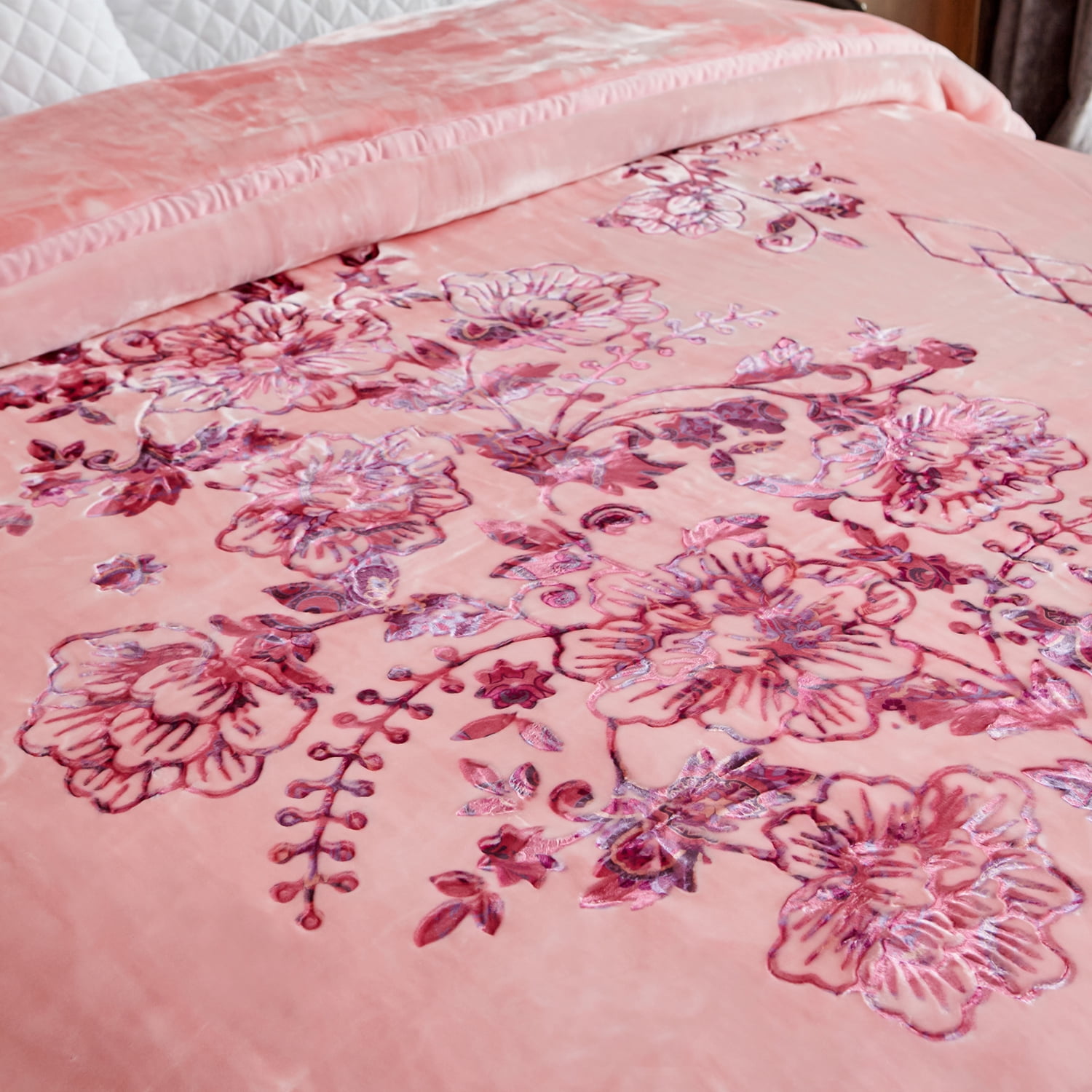 Heavy Thick Fleece Blanket King Size, 10.5lbs,2 Ply A & B Pattern Silky Soft Warm Reversible Raschel Winter Blanket, Minky Soft Plush Blanket for Sofa Bed, 87"x94", Pink Floral