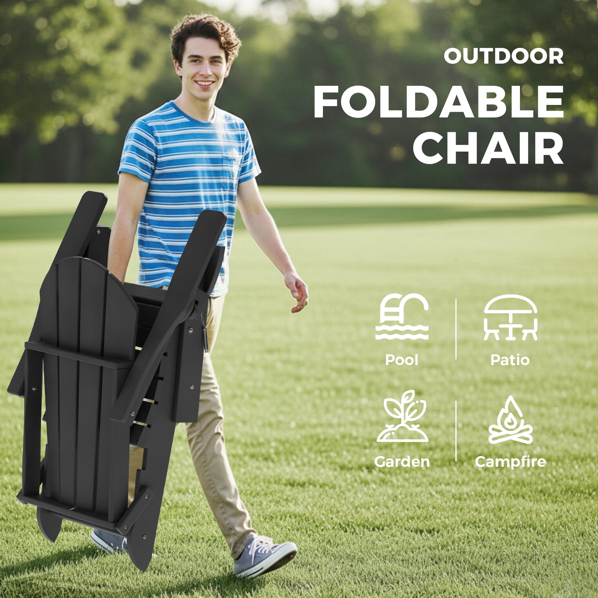 Folding Adirondack Chair, HDPE All-Weather Outdoor Patio & Firepit Chair with Ergonomic Extended Backrest & Cup Holder, Low Maintenance, Black