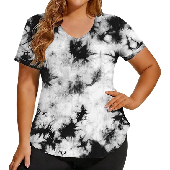 Jane Wardrobe Women's Plus Size Tie Dye V-Neck T-Shirt, Loose Fit Curved Hem Casual Top, 1 Piece, S-XXL Plus Size Friendly
