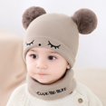 thumbnail image 1 of Gorro con pompón para niños recién nacidos, gorro de ganchillo cálido para invierno, bufanda, conjunto de gorro de Color sólido a la moda (talla única, café), 1 of 5