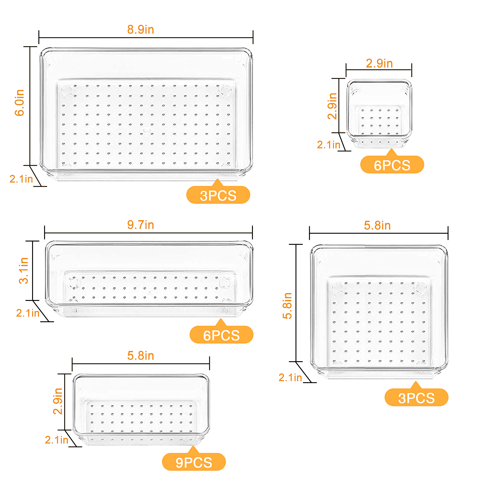 LeaderPro 27 Pcs Desk Drawer Organizer Trays with 5 Different Sizes Versatile Clear Drawer Organizers Storage