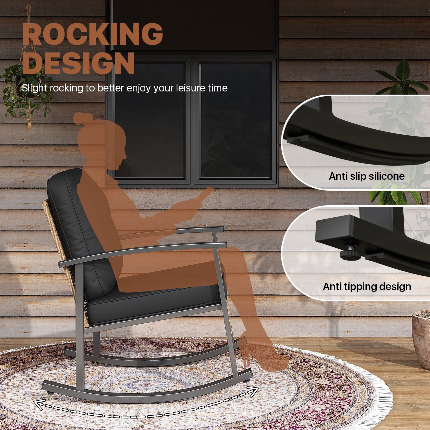 BaPiPro 3-Piece Outdoor Rocking Chair Set, All-Weather PE Wicker Patio Furniture with Water-Resistant Cushions, Rust-Proof Steel Frame, 2-Tier Coffee Table, for Porch Backyard, Black