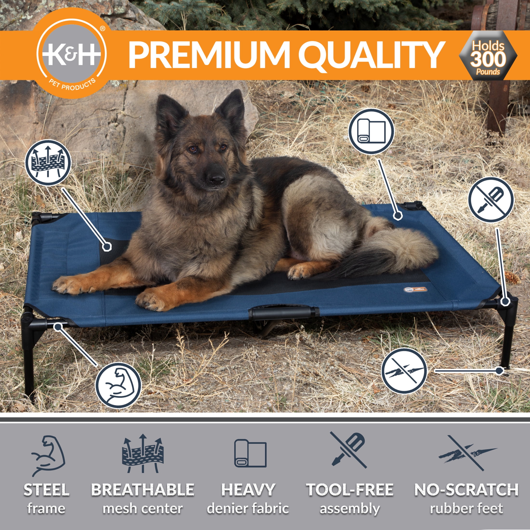 K&H Pet Products Original Pet Cot Elevated Dog Bed Blue/Black Mesh X-Large 50 X 32 X 9 Inches