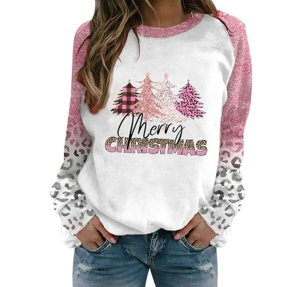 IROINNID Christmas Sweatshirts for Women Crewneck Long Sleeve Shirt Printed Loose Fit Blouse Holiday Casual Tops Pullover,Pink