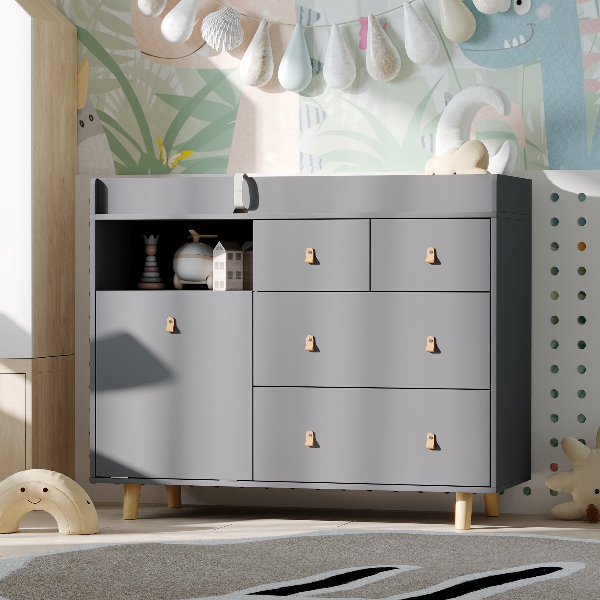 OXYLIFE 45" Baby Nursery Changing Table Dresser with 4 Drawers and Shelf for Nursery Room, Gray