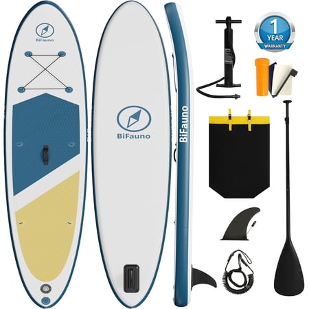 Bifanuo 10' Inflatable Stand Up Paddle Board with SUP Accessories & Backpack. Paddle Boards for Adults. Non-Slip Deck, Wide Stance, Bottom Fin, Double Action Pump.