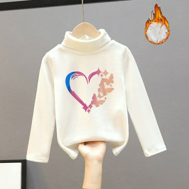 Girls' Heart Print Turtleneck Shirt, Thickened Velvet Long Sleeve Thermal Top, Kids Semi-High Neck Base Layer for Winter, Fall and Spring Casual Wear R