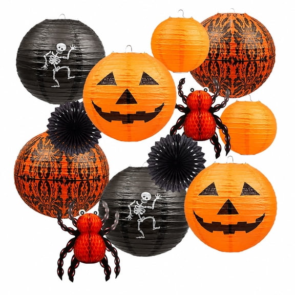 Halloween Hanging Paper Lanterns Spooky Decor Set 12 in and 8 in