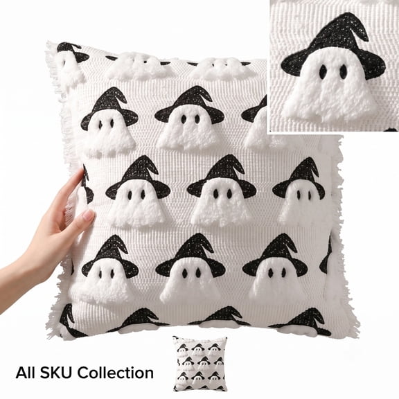 Halloween Ghost Throw Pillow Cover, 3D Plush Witch Hat Ghost Decorative Pillowcase, Textured Fringe Cushion Cover for Sofa Home Party Decor