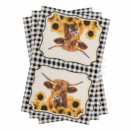 Yellow Sunflowers Yak Kitchen Towels Set of 3 Water Absorbent Dish Towel Black White Checkered Rustic Buffalo Decorative Hand Towels - Quick Drying Cloth for Cooking Baking 18x28 Inch