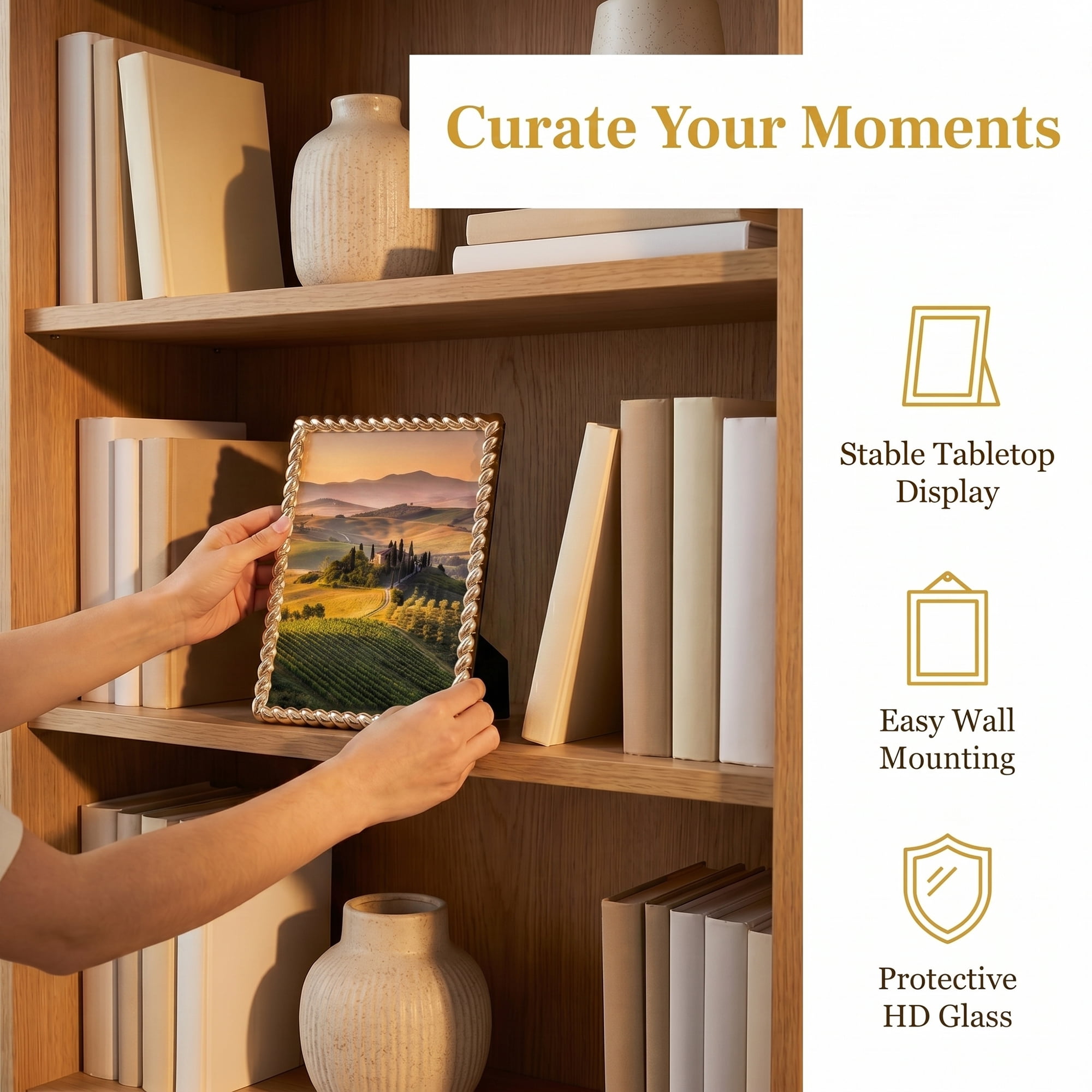 Unique Bargains Threaded Metal Premium Ribbed Photo Frame with HD Glass Gold 5" x 7"