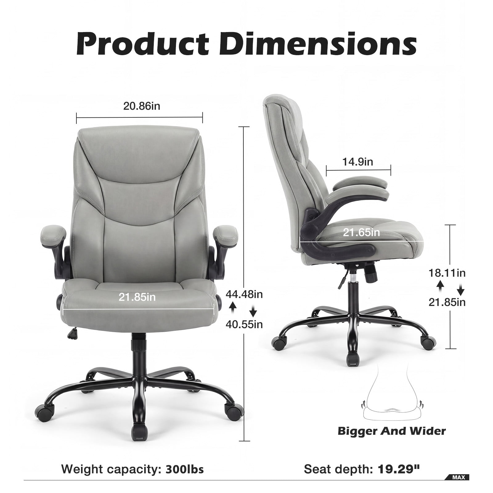 edx Computer Gaming Chair, Ergonomic High Back Heavy Duty Task Desk Office Chairs with Wheels, Flip-up Arms, Adjustable Height, PU Leather, Gray