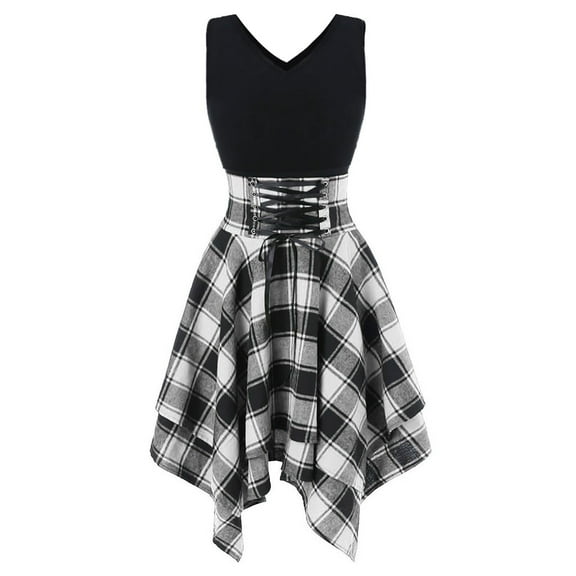 Baikeli Vestidos Para Mujer Casuales Y Elegantes, Women's Fashion Lace-up Short-sleeved Irregular Hem Plaid Stitching Dress Winter