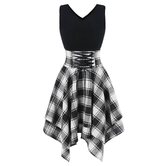 QIPOPIQ Robes pour Femmes Robe Smockée à Étages Manches Courtes Tendance à Lacets Ourlet Irrégulier Robe Midi d'Été Robe à Carreaux à Coutures Offres 2023