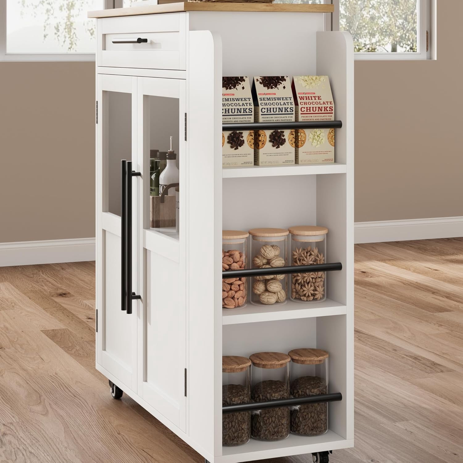 Multi-Functional Kitchen Island Cart with 2 Glass-Door Cabinets, Drawer, Spice Rack, and Towel Bar on Wheels