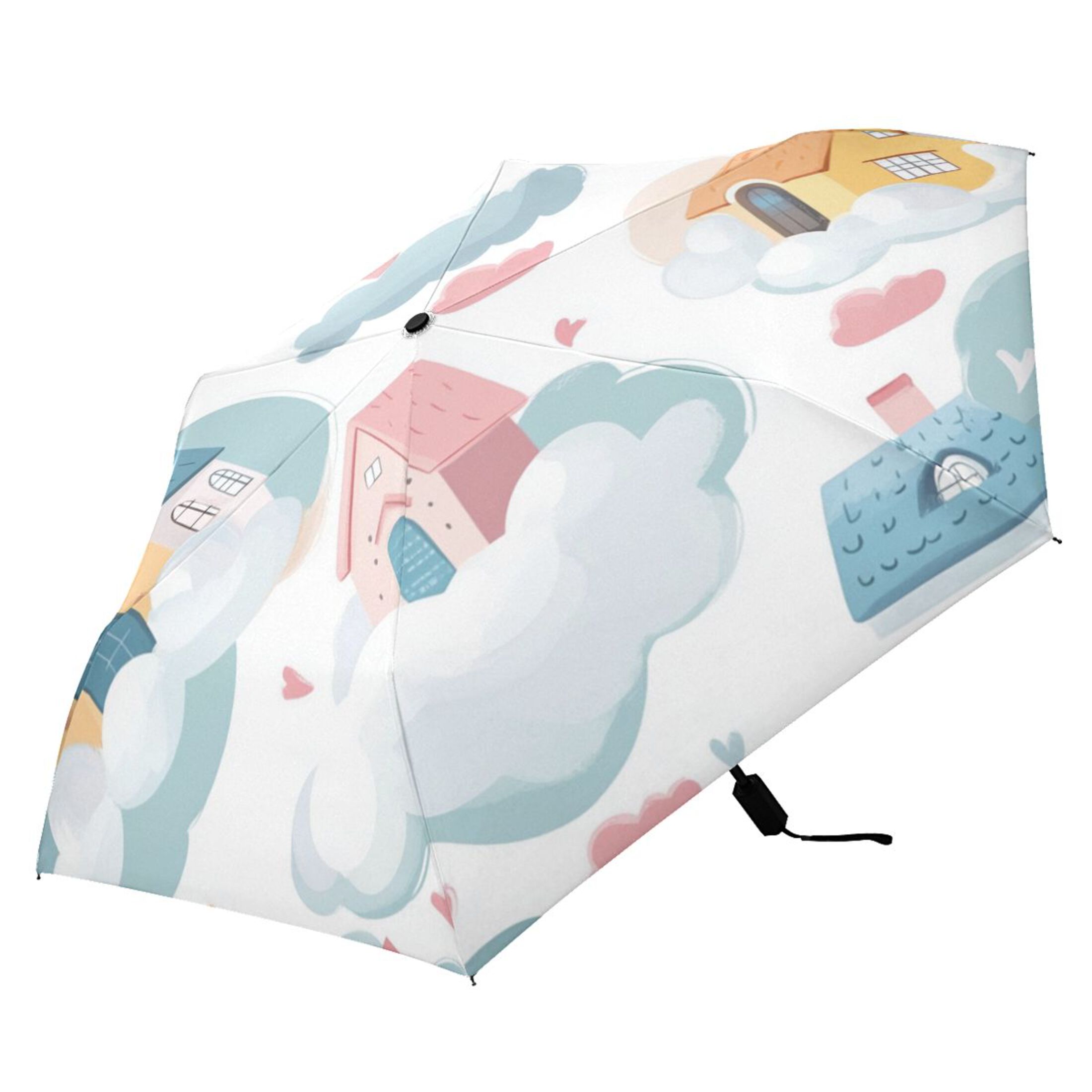 Cute Houses in The Clouds Hearts All Weather Umbrella Triple Folding Parasol 6 Ribs UV Protection Portable