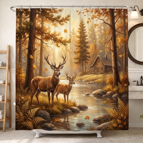 Deer Shower Curtain, Rustic Cabin Forest Stream Fall Bath Curtain, Nature Bathroom Decor, Waterproof Polyester Fabric with Hooks 36"W x 72"H