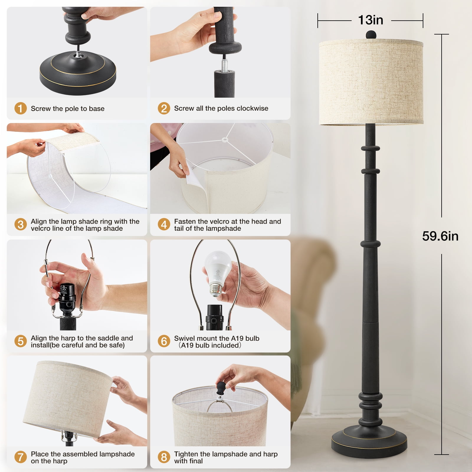 NATYSWAN Floor Lamps for Living Room,60" Vintage Farmhouse Floor Lamp 3-Color Temperature Standing Lamps with Linen Shade Rustic Retro Tall Light for Bedroom Office
