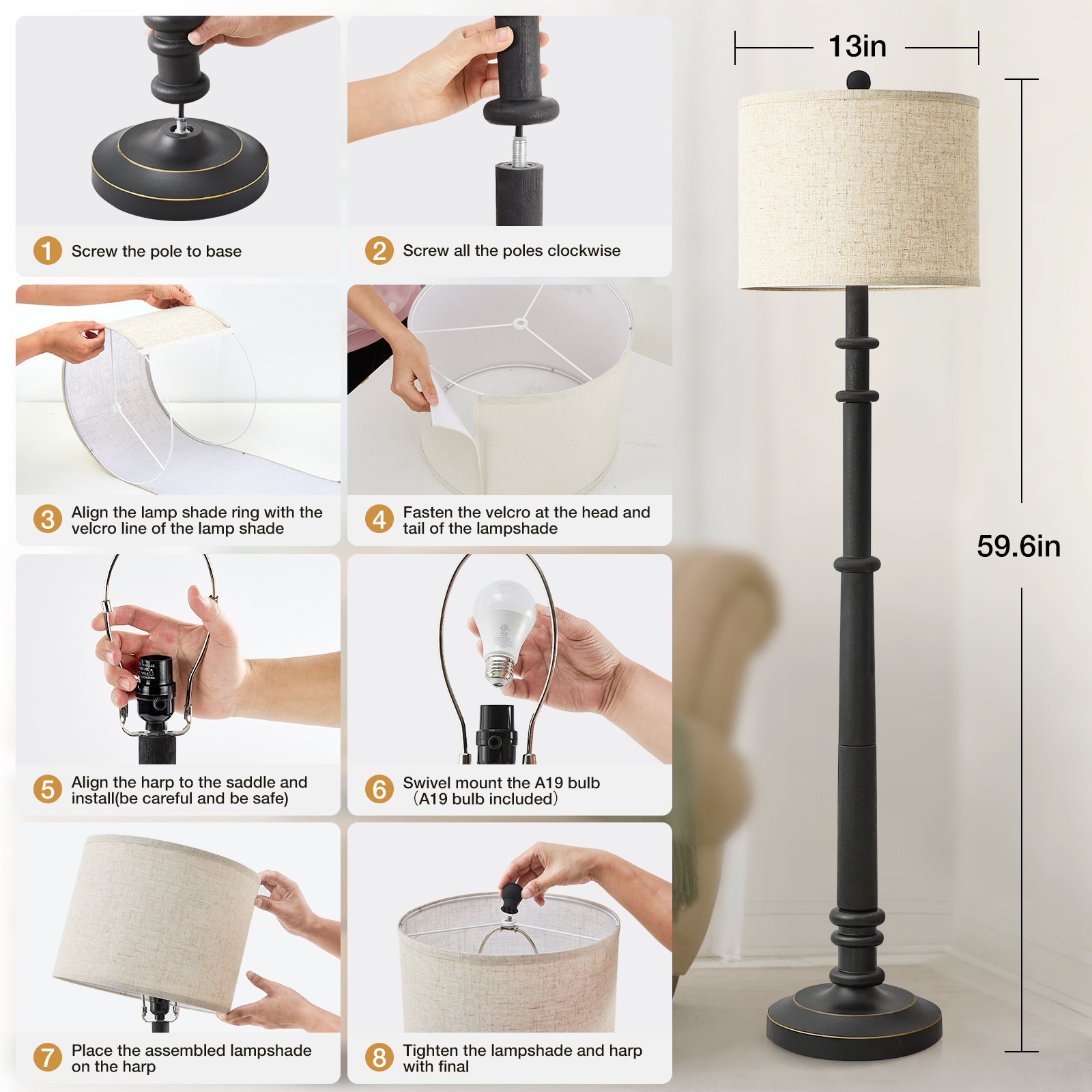 Natyswan 59.6" Vintage Farmhouse Floor Lamp with Linen Shade photo 8