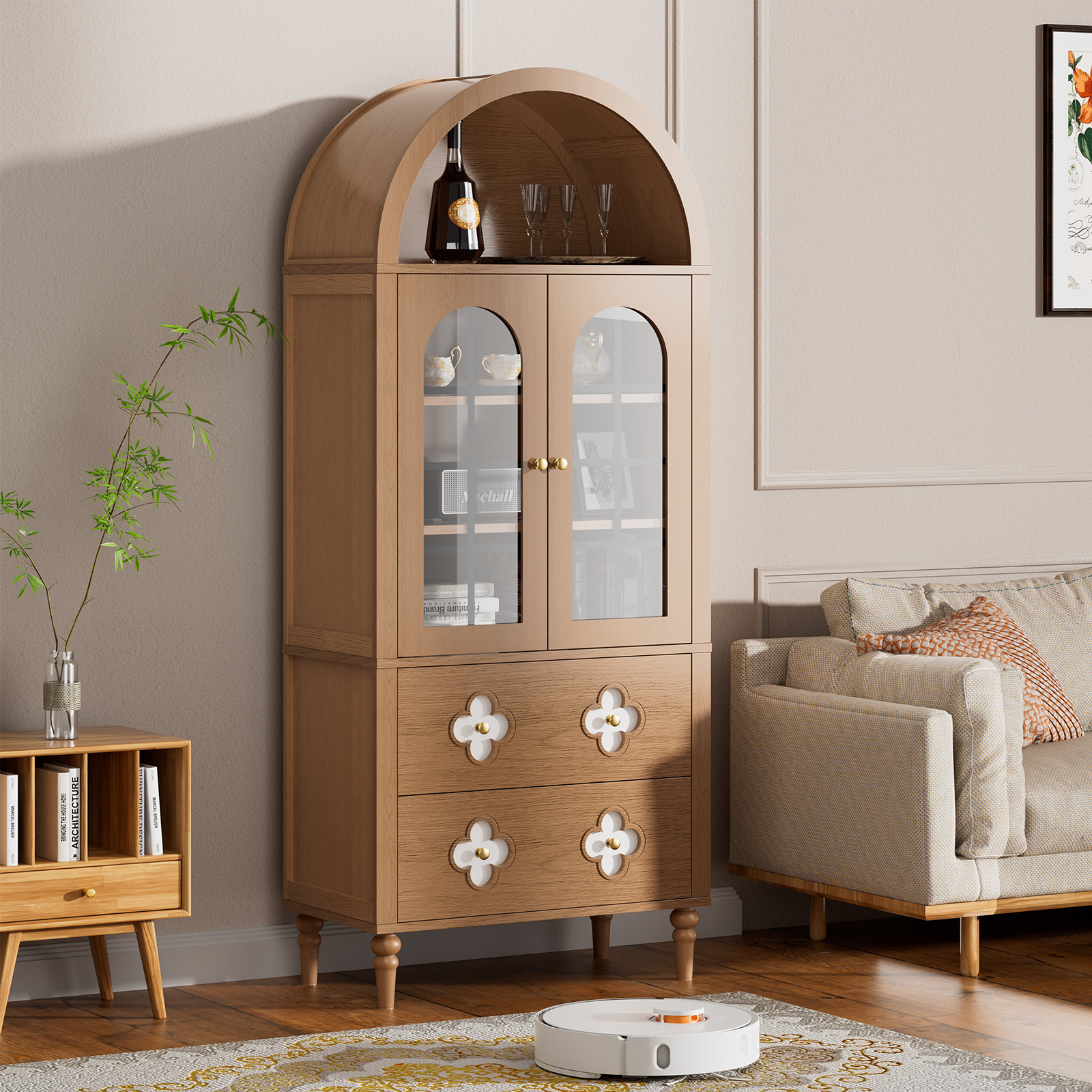 Mophoto Arched cabinet Bookshelf Bookcase Storage with Tempered Glass Doors Versatile Kitchen Cabinets,71“ Tall Food Pantry Furniture for Living Dining Room(Black)