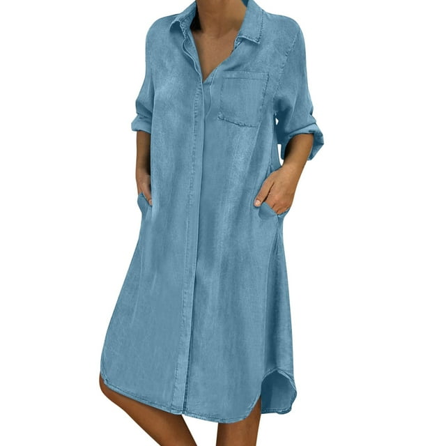 Liquidation!MSJUHEG Robe à Manches Longues pour Femmes Robe midi Robe Unie avec Poche en V Robe à Manches Longues Boutonnée en Denim Ample Robe Décontractée pour Femmes Robe Décontractée pour Femmes Robes Décontractées pour Femmes Robes pour Femmes