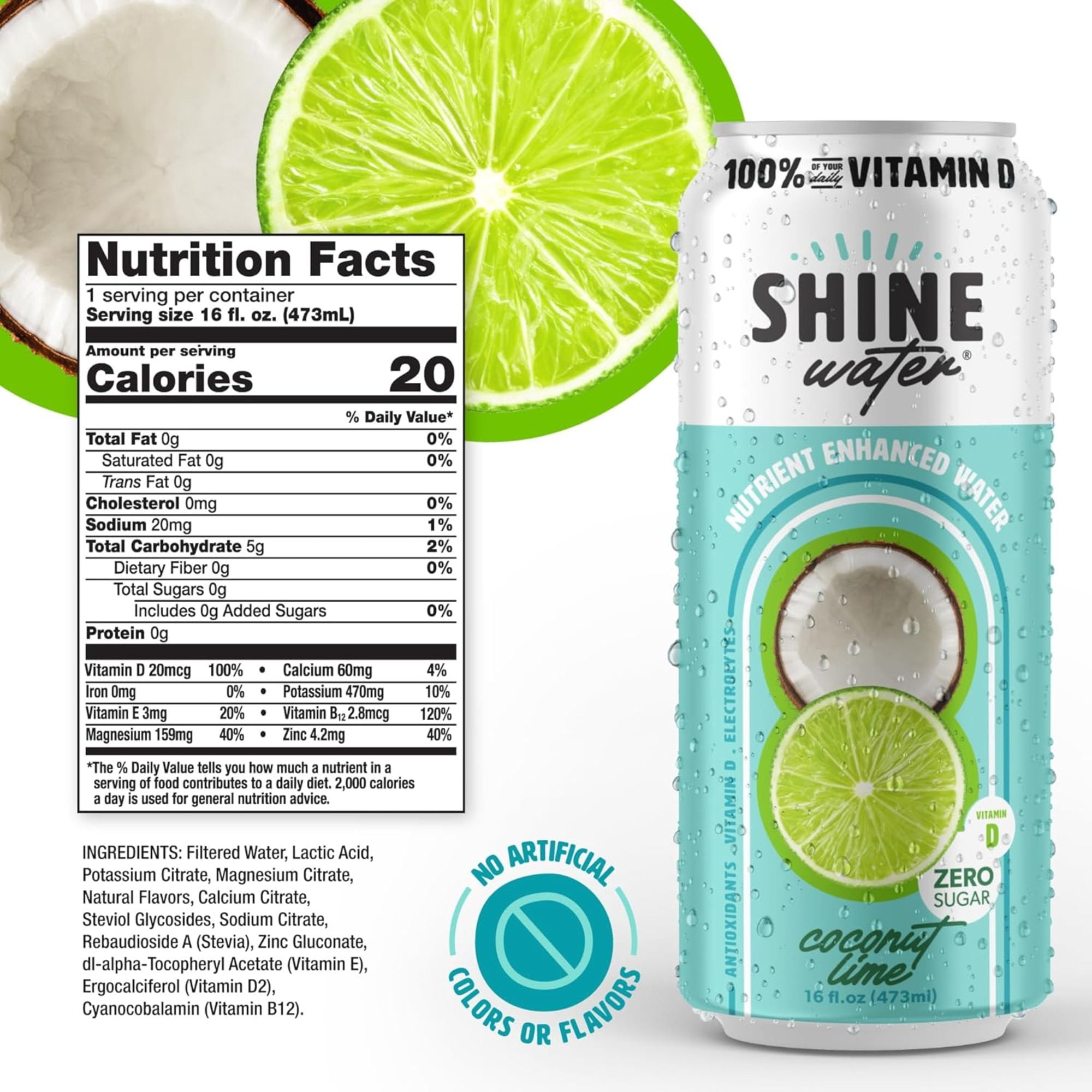 Shine Water Coconut Lime Vitamin D Electrolyte Drinks 12-Pack, Sugar Free Flavored Water with Magnesium, Zinc & Antioxidants, Low Calorie Hydration