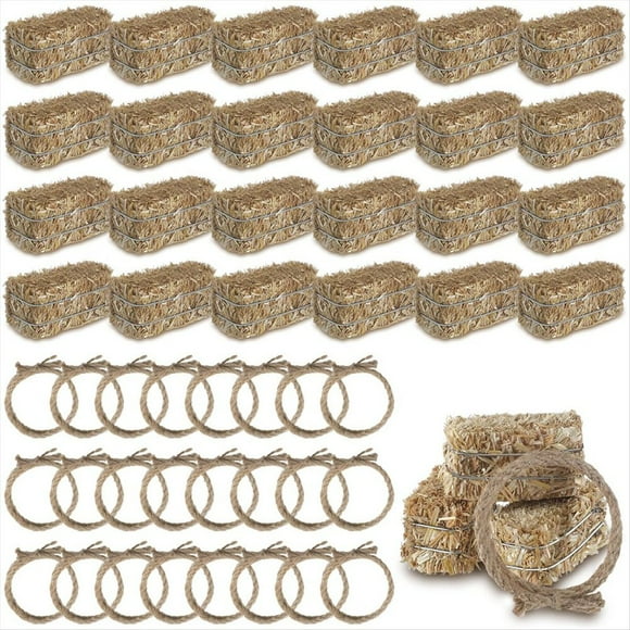 24 Decoraciones para Fiestas con Temática del Oeste, 12 Fardos de Heno Decorativos y 12 Cuerdas de Retorcidas para Centros de Mesa de Vaqueros.