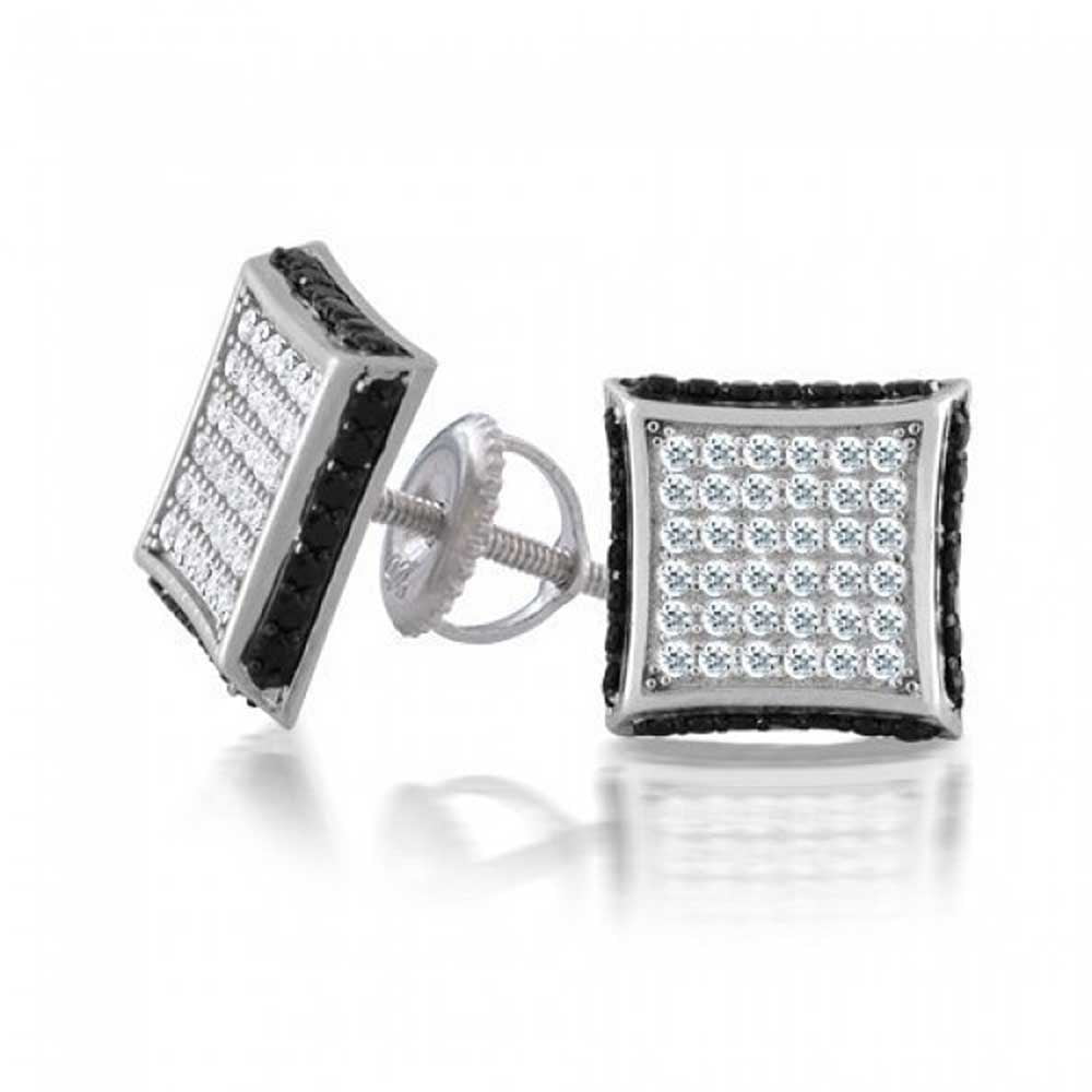 Pave Set Square Cubic Zirconia Center Designer Earrings Rhodium Plated Sterling Silver 