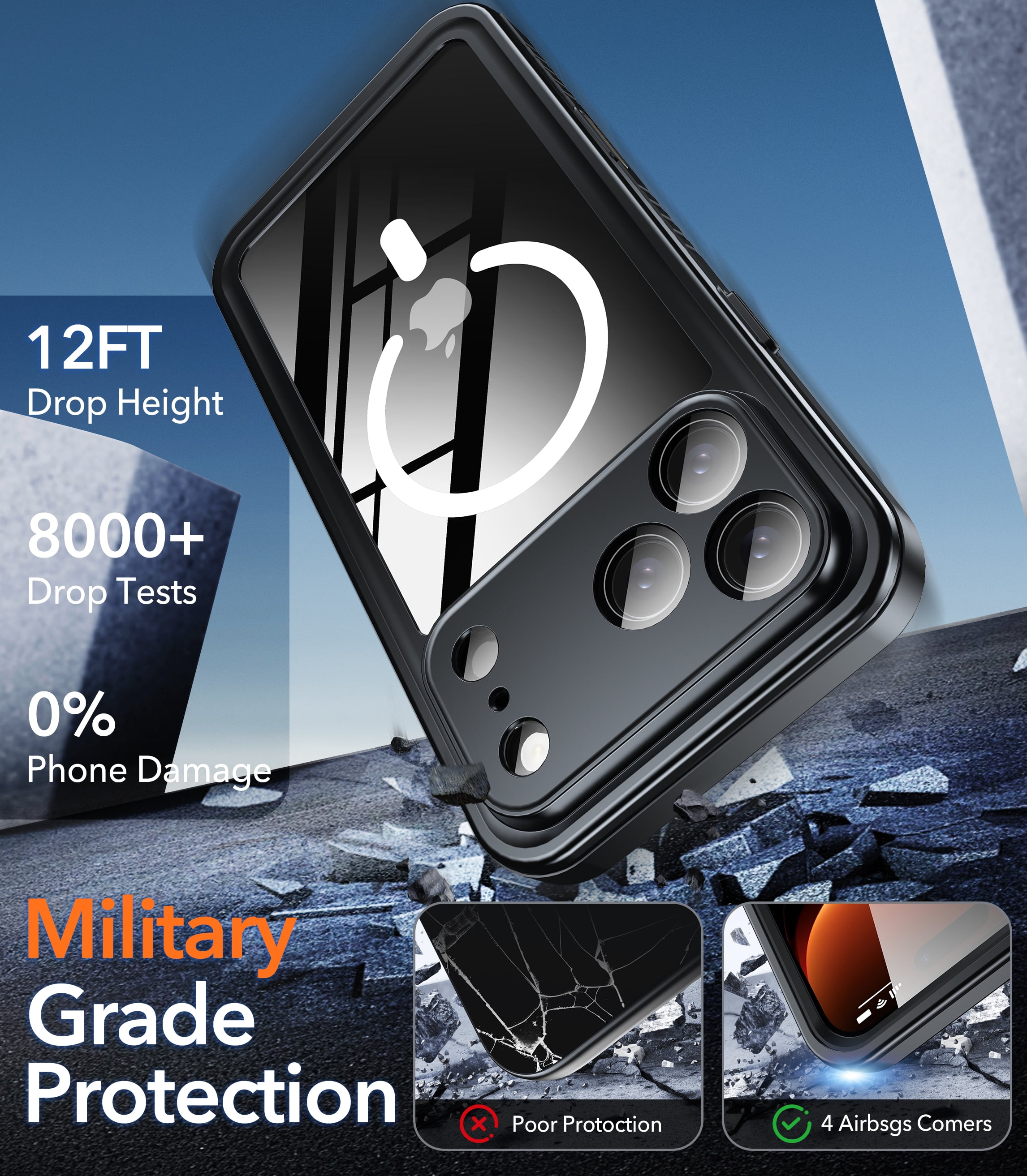 Oneagle Magnetic Waterproof Phone Case for iPhone 17 Pro Max,IP 68 Underwater,Black