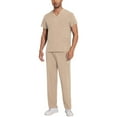 thumbnail image 2 of Men's Workwear Scrubs 2-Piece Uniform Set, Solid Color Cross V-Neck Short Sleeve Pocket Tee and Pants, For Medical Nursing Professionals,Beige,L, 2 of 7