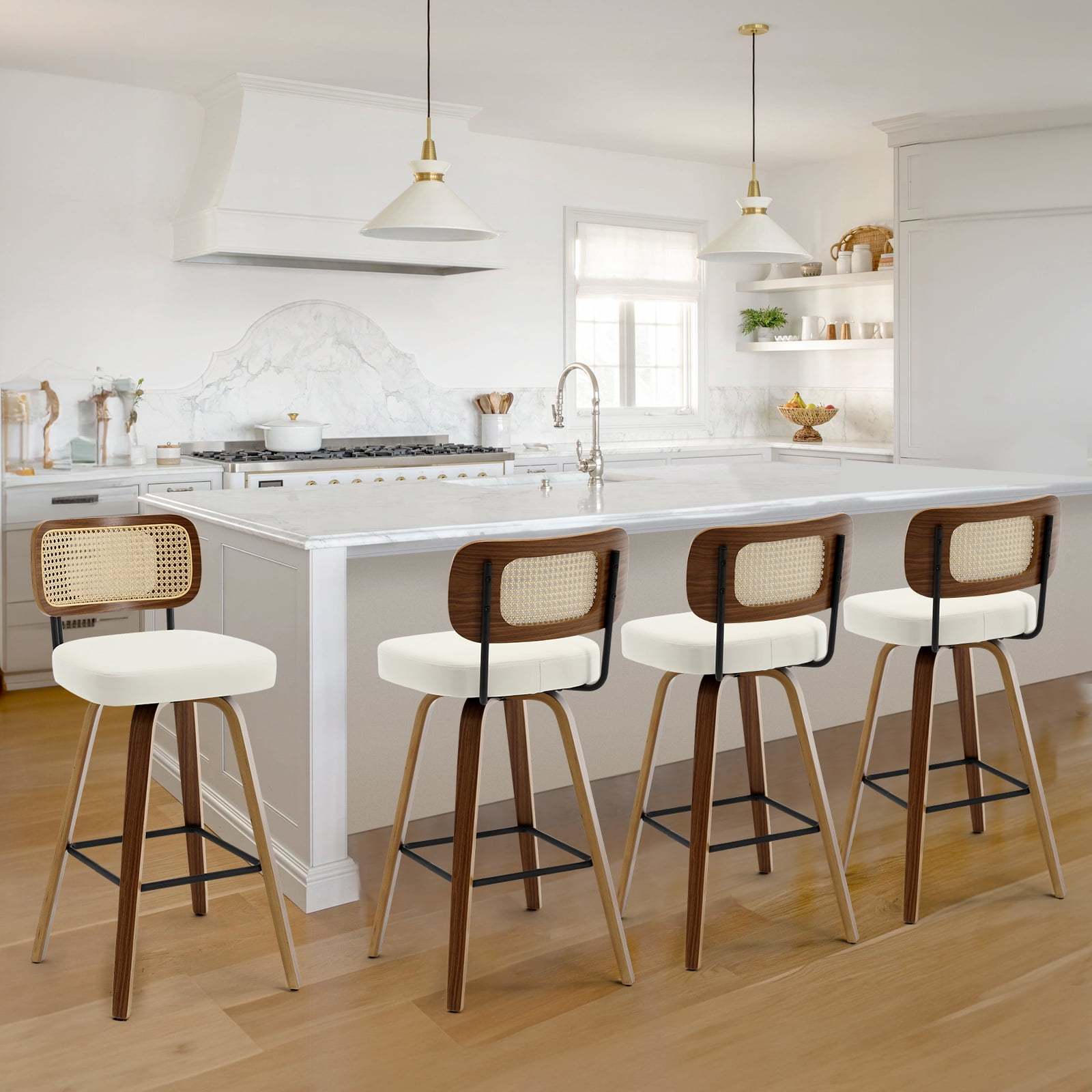 Foreate Swivel PU Bar Stools, Set of 2, 29" Bar Height Upholstered Leather with Rattan Back Wood Legs, Modern Chair Island Counter Stool for Kitchen, Cream White