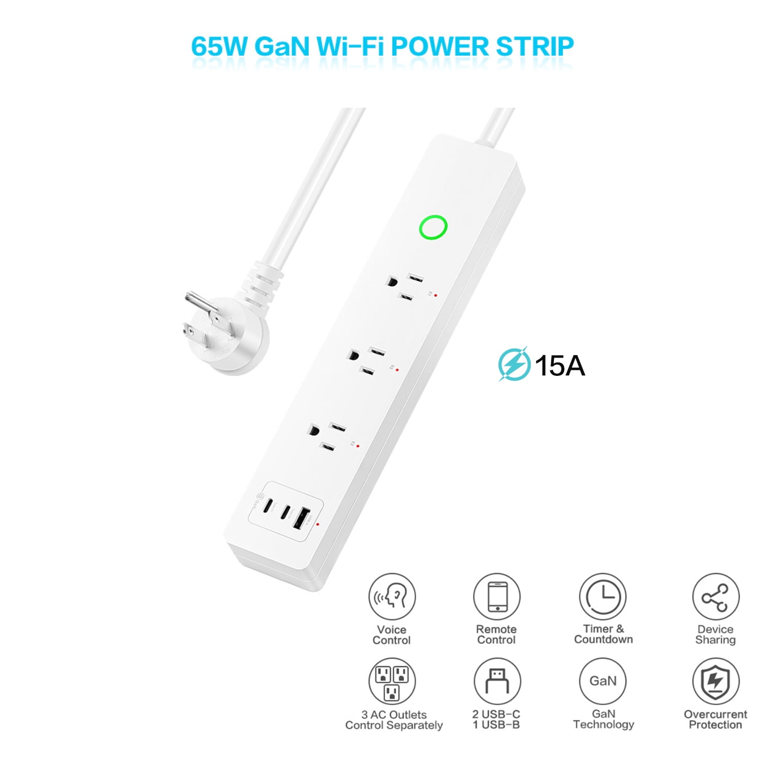 65W GaN PD Smart Power Strip WiFi Plug Multiple Outlet Surge Protector 3 AC Outlets，1 USB Ports，2 USB C Ports,15A, Remote Control Timing Schedule Compatible with Alexa Echo, Google Home, White