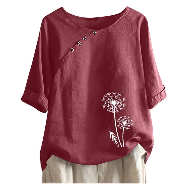 Blusas de Manga Corta para las Mujeres Impresas Cuello Redondo Camiseta Casual, Blusa de Algodón de Imitación para las Mujeres