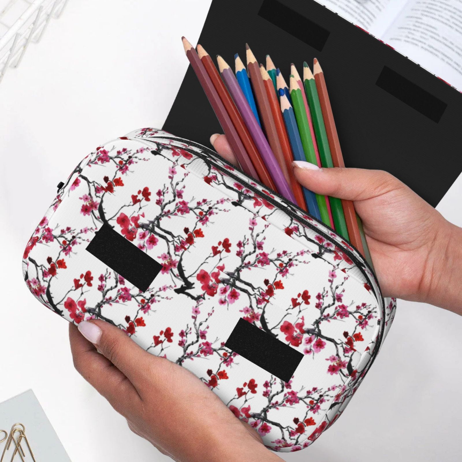 Rateoe Cherry Blossoms Pattern Double Clamshell Pen Case, Storage Organizer with Two Zipper Compartments– Holds Up to 50 Pencils & Pens