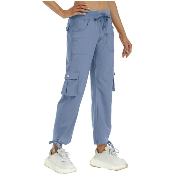 Lovskoo Cargo Pants Women Solid Color Summer Pants with Pockets Loose Casual Pants Dressy Lightweight Ladies Baggy Cargo Pants for Hiking Light Blue
